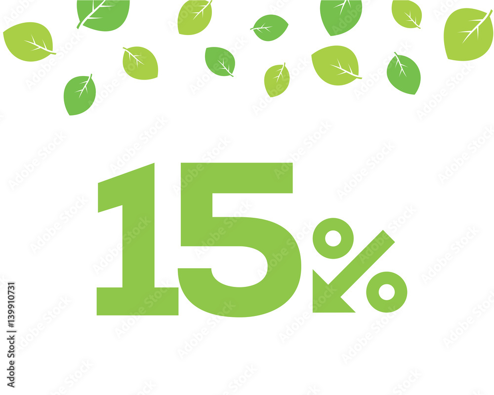 Vector green 15% text designed with an arrow percent icon on white background with leaves. For spring sale campaigns. Vector green 15% text designed with an arrow percent icon on white background with leaves. For spring sale campaigns.