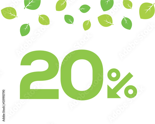 Vector green 20% text designed with an arrow percent icon on white background with leaves. For spring sale campaigns. 