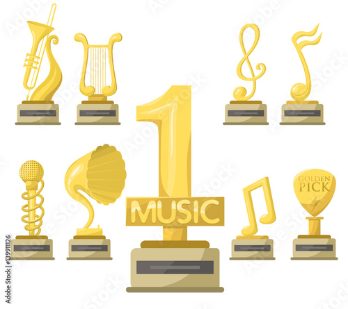 Gold rock star trophy music notes best entertainment win achievement clef and sound shiny golden melody success prize pedestal victory vector illustration.