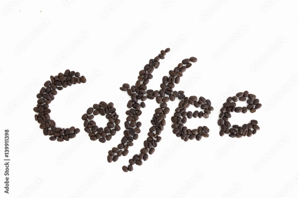 The word Coffee spelled with hundreds of coffee beans. Isolated against white background The word Coffee spelled with hundreds of coffee beans. Isolated against white background