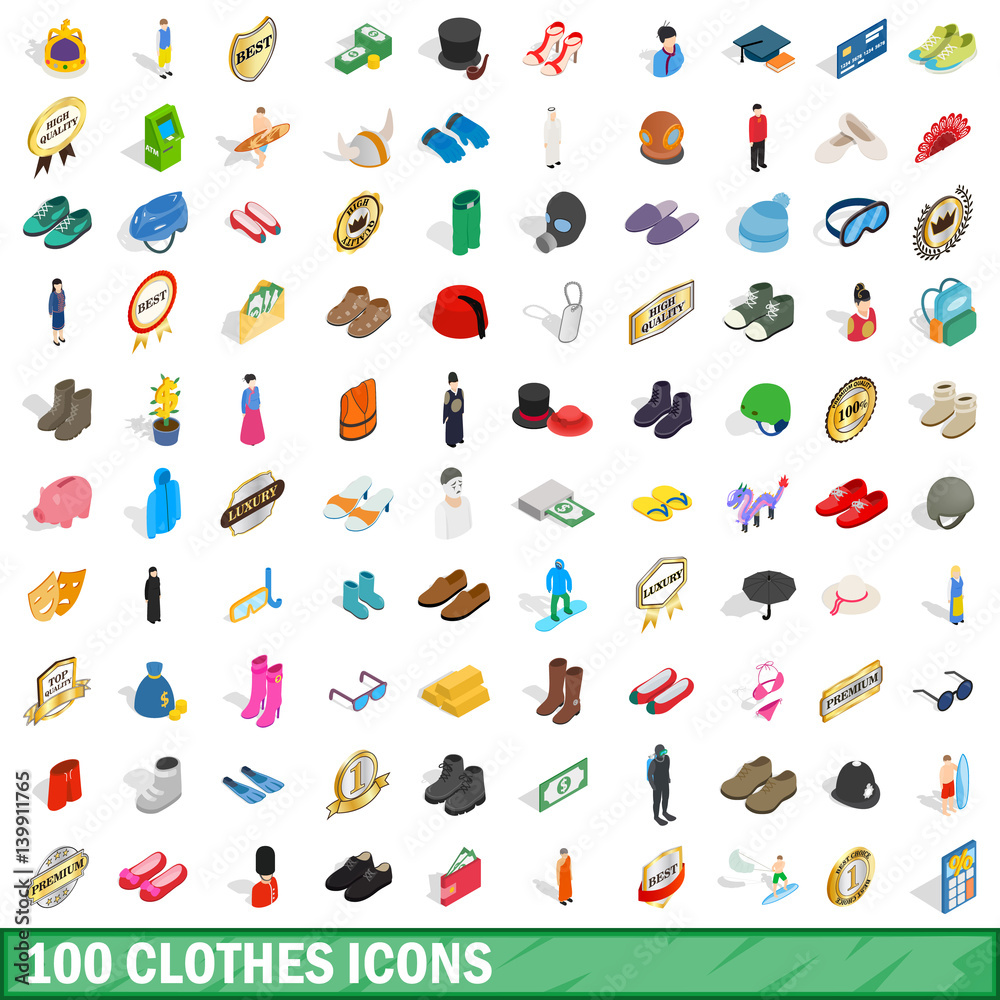100 clothes icons set, isometric 3d style