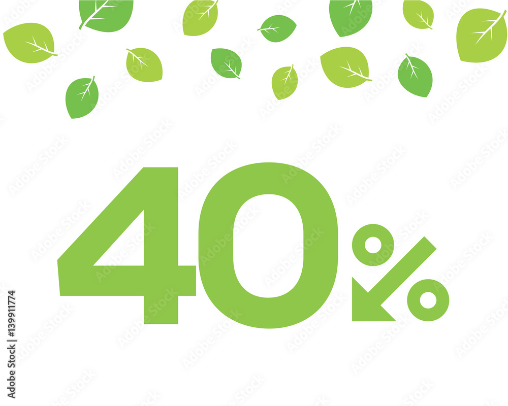 Vector green 40% text designed with an arrow percent icon on white background with leaves. For spring sale campaigns. Vector green 40% text designed with an arrow percent icon on white background with leaves. For spring sale campaigns.