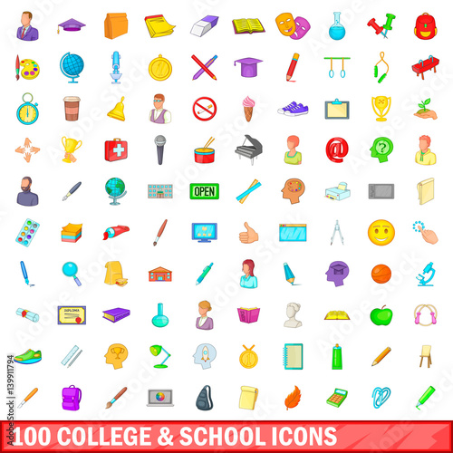 100 college and school icons set, cartoon style