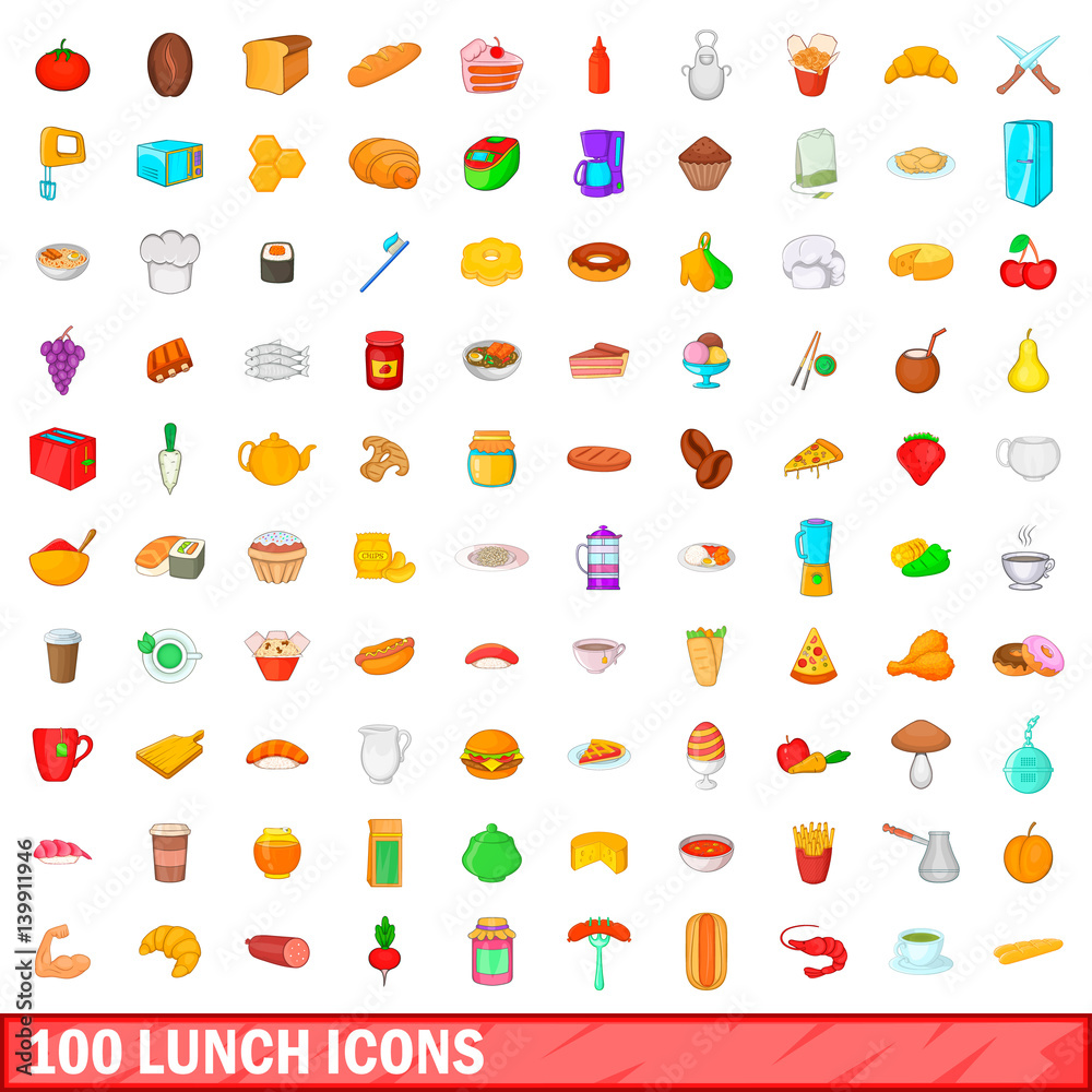 Fototapeta premium 100 lunch icons set, cartoon style
