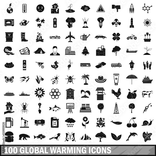 100 global warming icons set in simple style 