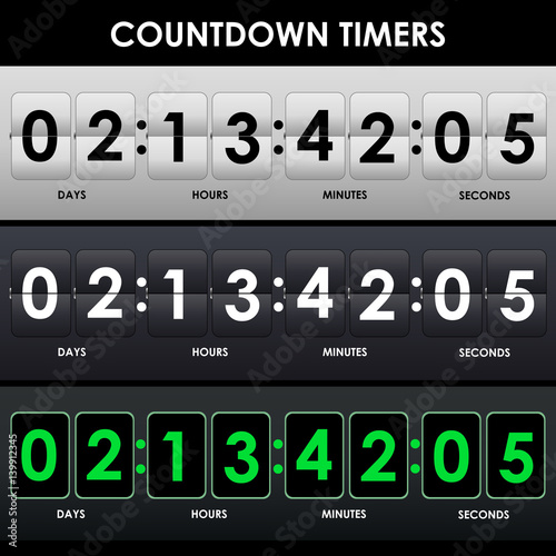 Set of countdown timers in three different mockups. Gray, black, green counter. Flip countdown timer. Vector illustration