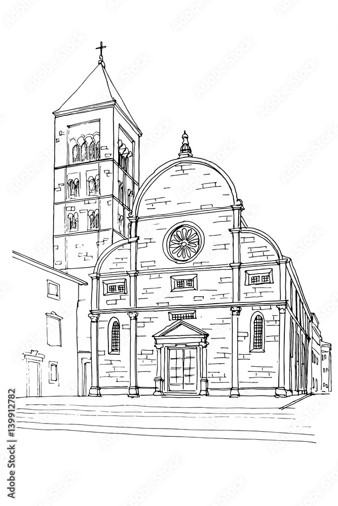 vector sketch of Church and Monastery of St. Mary in Zadar, Croatia.