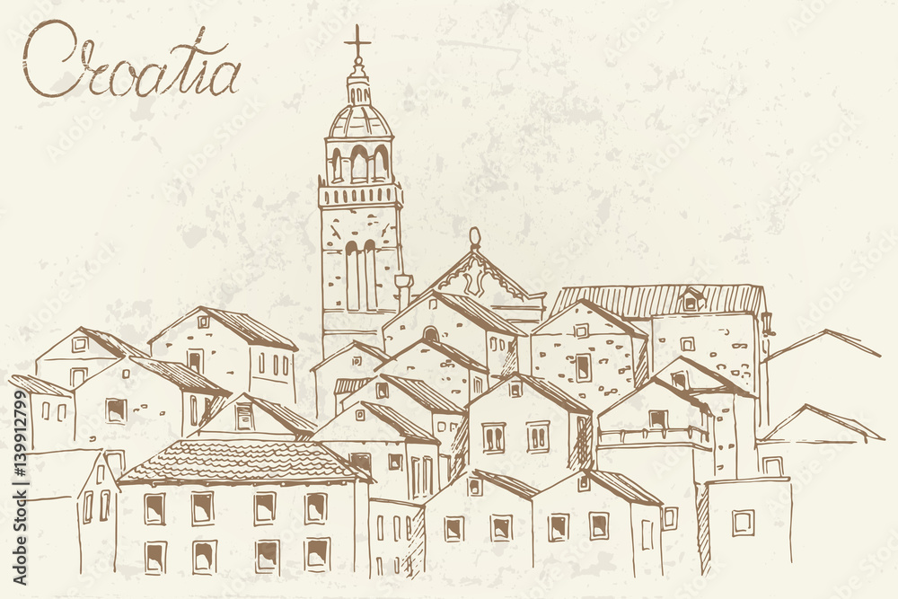 vector sketch of architecture of Korcula, Croatia. Retro style.