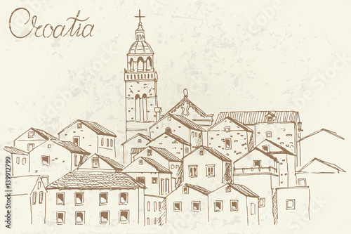 vector sketch of architecture of Korcula, Croatia. Retro style.