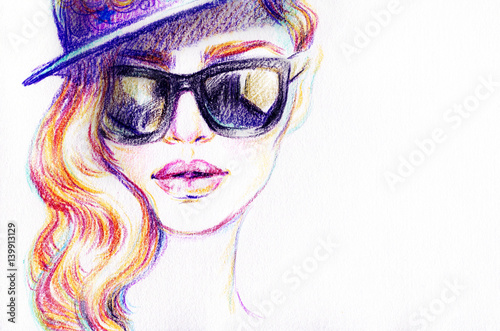 Woman in sunglasses. Fashion illustration. Watercolor painting