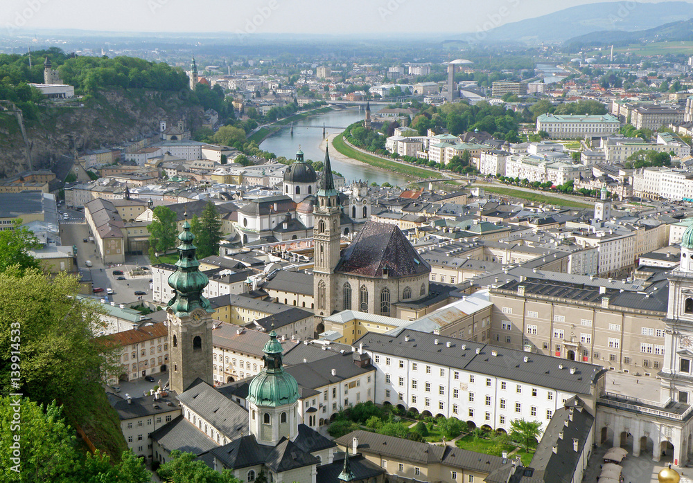 Breathtaking view of Salzburg Cityscape with Salzach River as seen from Hohensalzburg Castle, Austria