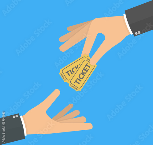 Hand giving or handing over tickets to another hand. Flat design