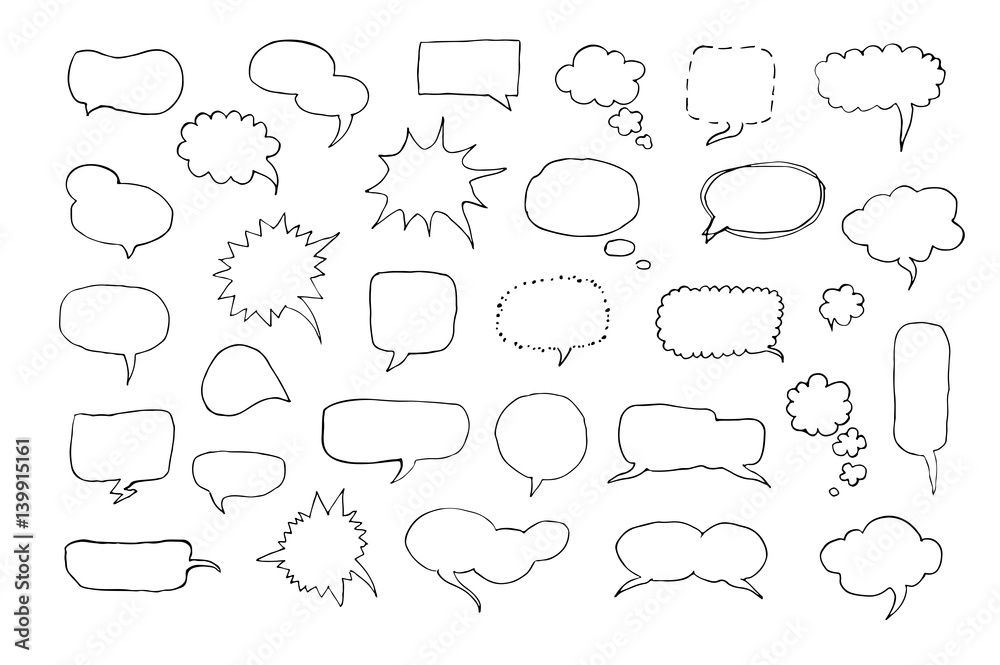 Obraz premium Vector hand drawn doodle set of sketch speech bubbles clouds. Comic hand drawn speech bubbles icons collection