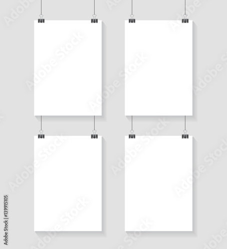 Vector template of 4 poster on clips . Vertical blank A4 mockup banner