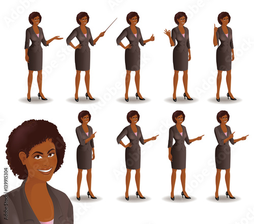 Set of smiling African American businesswoman in suit standing in different presentation poses. Vector illustration isolated on white background.