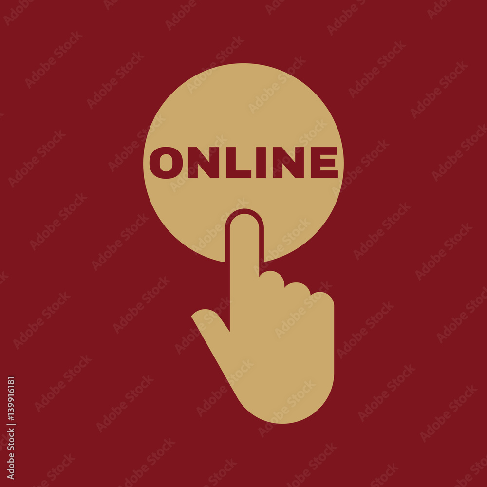 Hand pressing a button with the text ONLINE icon. Communication, internet, webinar symbol. Flat design. Stock - Vector illustration Hand pressing a button with the text ONLINE icon. Communication, internet, webinar symbol. Flat design. Stock - Vector illustration