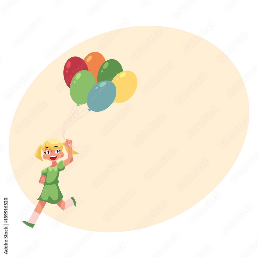 Pretty teenage girl running with a bunch of colorful balloons, cartoon vector illustration with place for text. Blond girl running with balloons, summer outdoor activity Pretty teenage girl running with a bunch of colorful balloons, cartoon vector illustration with place for text. Blond girl running with balloons, summer outdoor activity