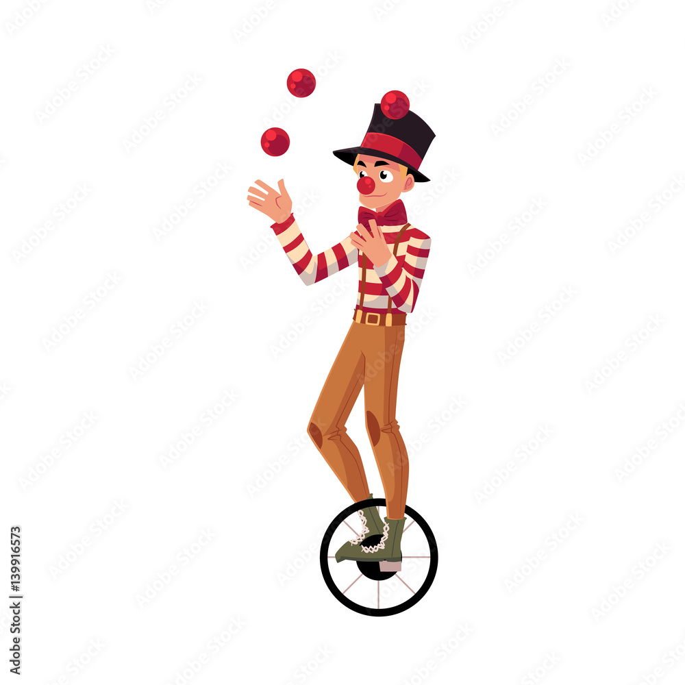 Funny clown juggling balls while riding unicycle, one wheeled bicycle,  cartoon vector illustration isolated on white background. Circus ball  juggler and equilibrist balancing on unicycle Stock Vector | Adobe Stock