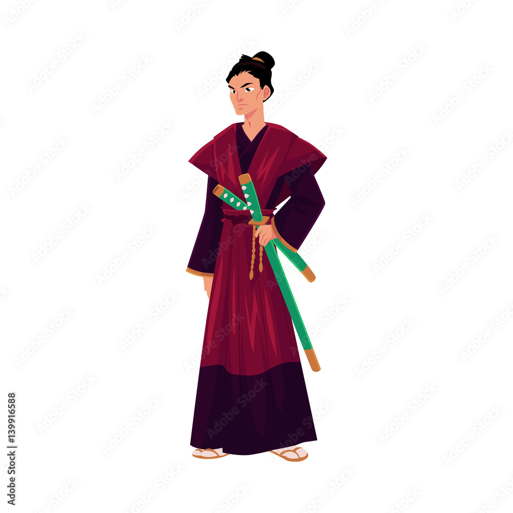 Japanese samurai, warrior in traditional kimono with katana swords, symbol of Japan, cartoon vector illustration isolated on white background. Full length portrait of Japanese samurai with swords