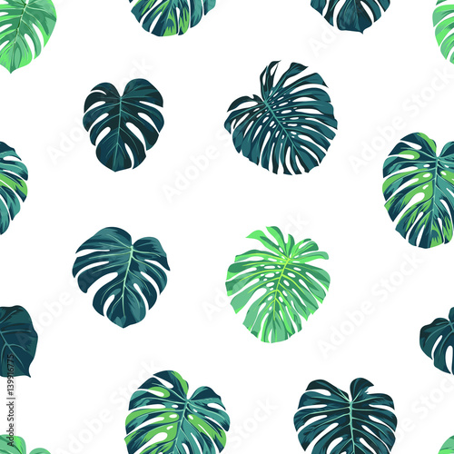 Seamless vector tropical botanical pattern with green monstera palm leaves. Exotic hawaiian fabric design.