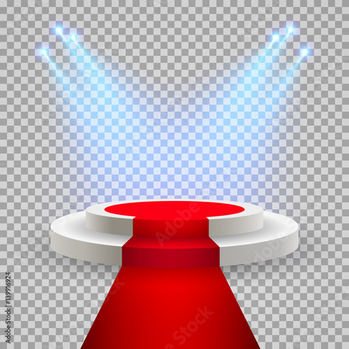 Red carpet with round podium. Pedestal or platform, illuminated by spotlights. Stage with scenic lights. EPS 10 vector illustration