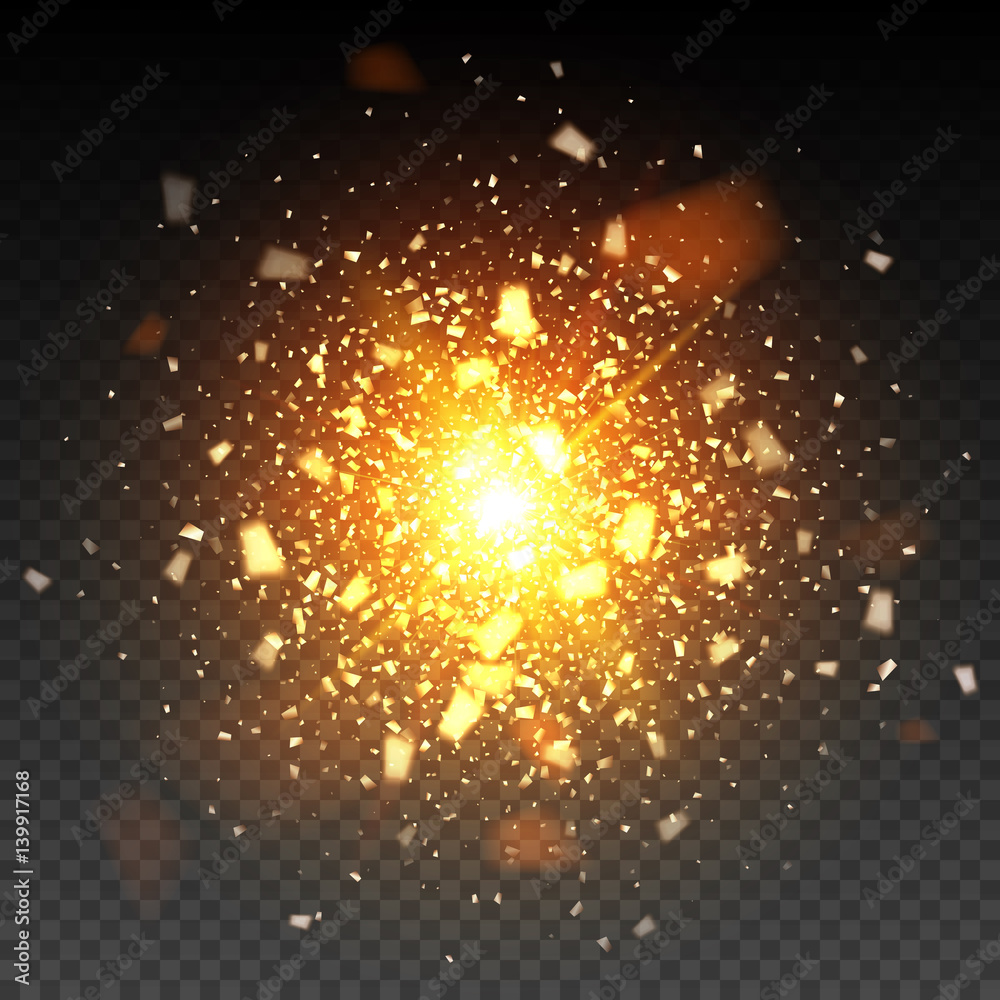 Naklejka premium Złote cząsteczki brokatu fajerwerków na tle. Gwiezdny pył wywołuje eksplozję na czarnym tle. ilustracji wektorowych 3D, realistyczny wektor, EPS 10