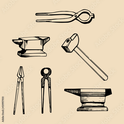 Vector illustration set of hand sketched blacksmith elements. Retro farrier icons or signs.