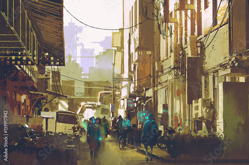 futuristic urban concept showing people walking in city street,illustration painting