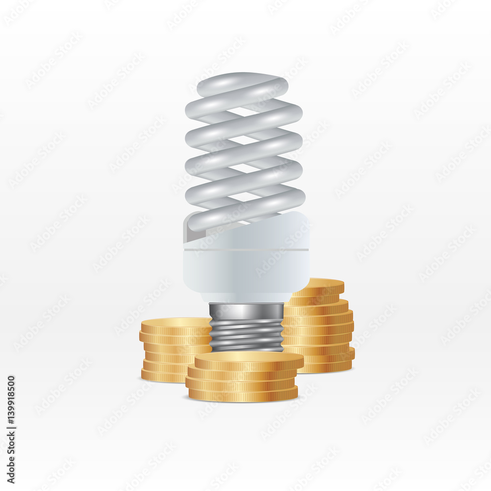 Energy saving lamp and money isolated on white Energy saving lamp and money isolated on white