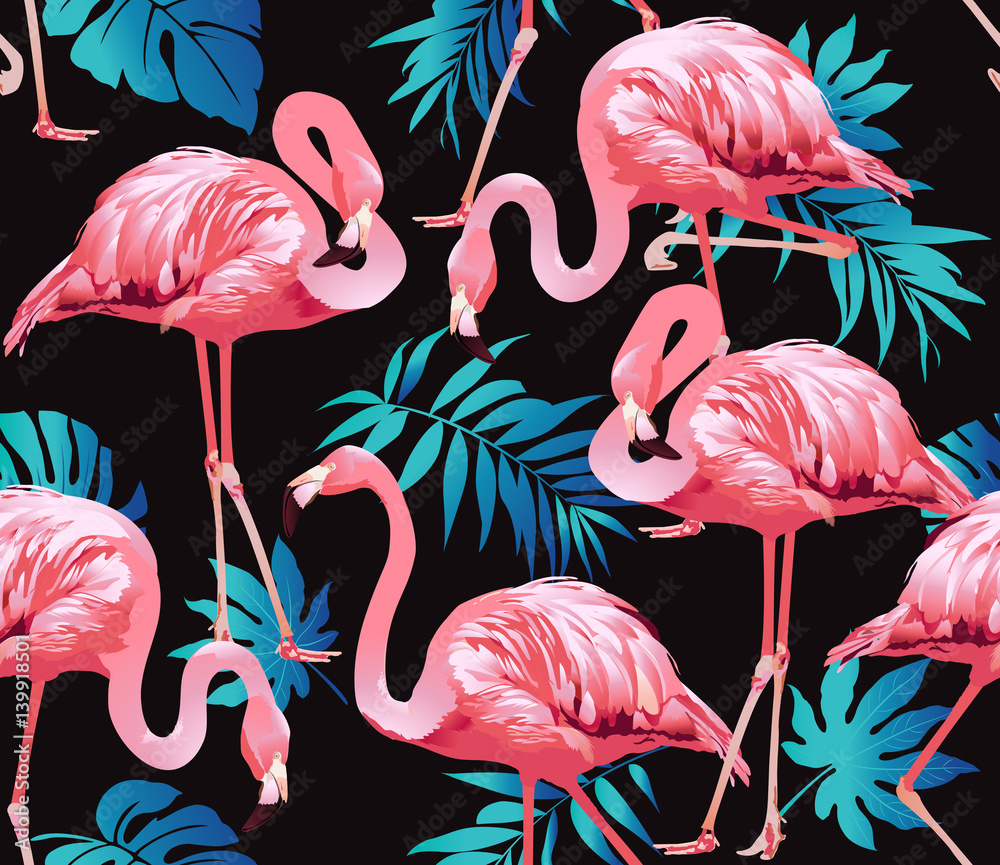 Naklejka premium Flamingo ptak i tropikalne kwiaty tło - wektor wzór
