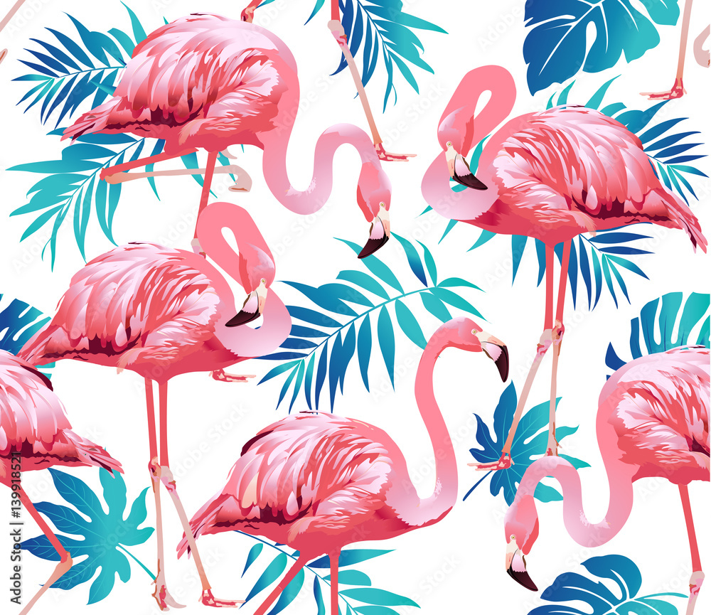 Flamingo Bird and Tropical Flowers Background - Seamless pattern vector 