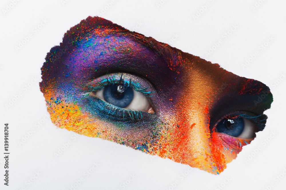 Eyes of model with colorful art make-up, close-up - obrazy, fototapety, plakaty 