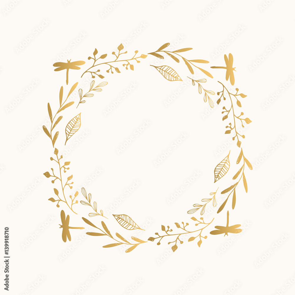 Golden floral round frame. Vector. Isolated. Golden floral round frame. Vector. Isolated.