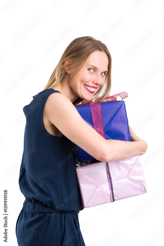 Smiling blonde woman with big gift packages, isolated on white Smiling blonde woman with big gift packages, isolated on white