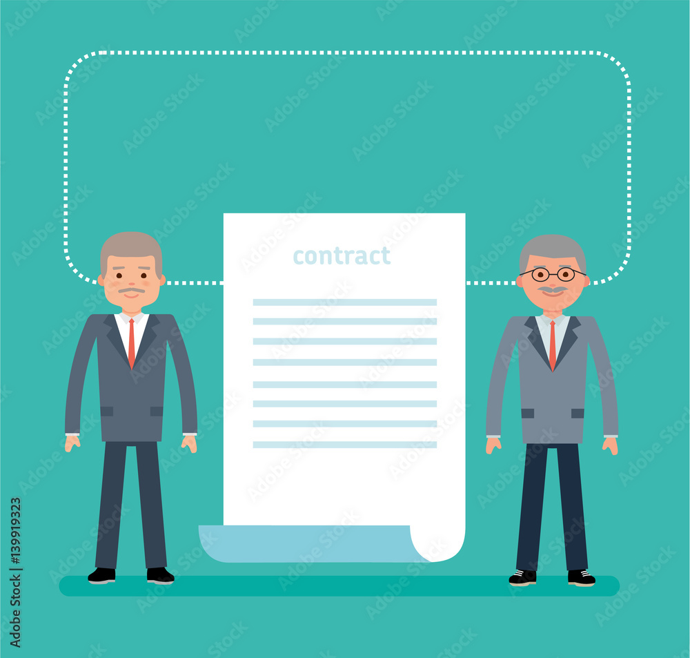 Concept flat vector business illustration. Agreement. The contract. Businessmen have signed a contract for the supply of equipment Concept flat vector business illustration. Agreement. The contract. Businessmen have signed a contract for the supply of equipment