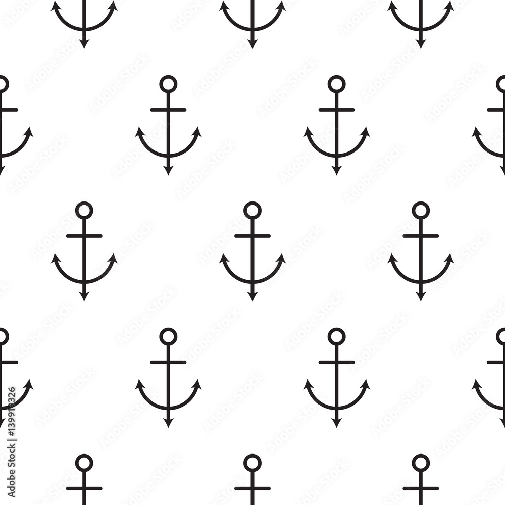 Anchors seamless nautical vector pattern in scandinavian style. Simple line textile fabric surface background. Black and white repeat texture.