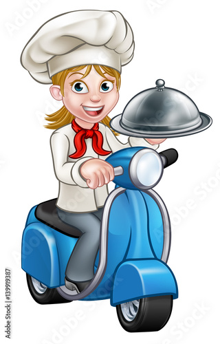 Cartoon Woman Delivery Moped Chef