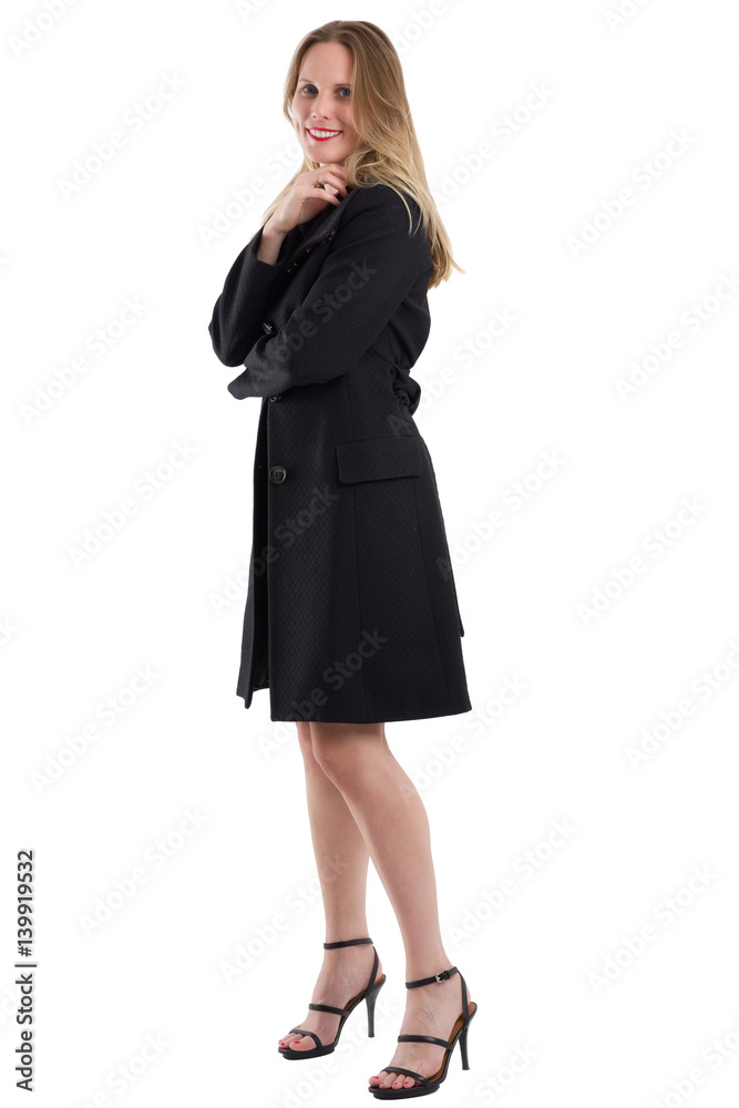Attractive blonde woman in black winter coat, isolated on white Attractive blonde woman in black winter coat, isolated on white