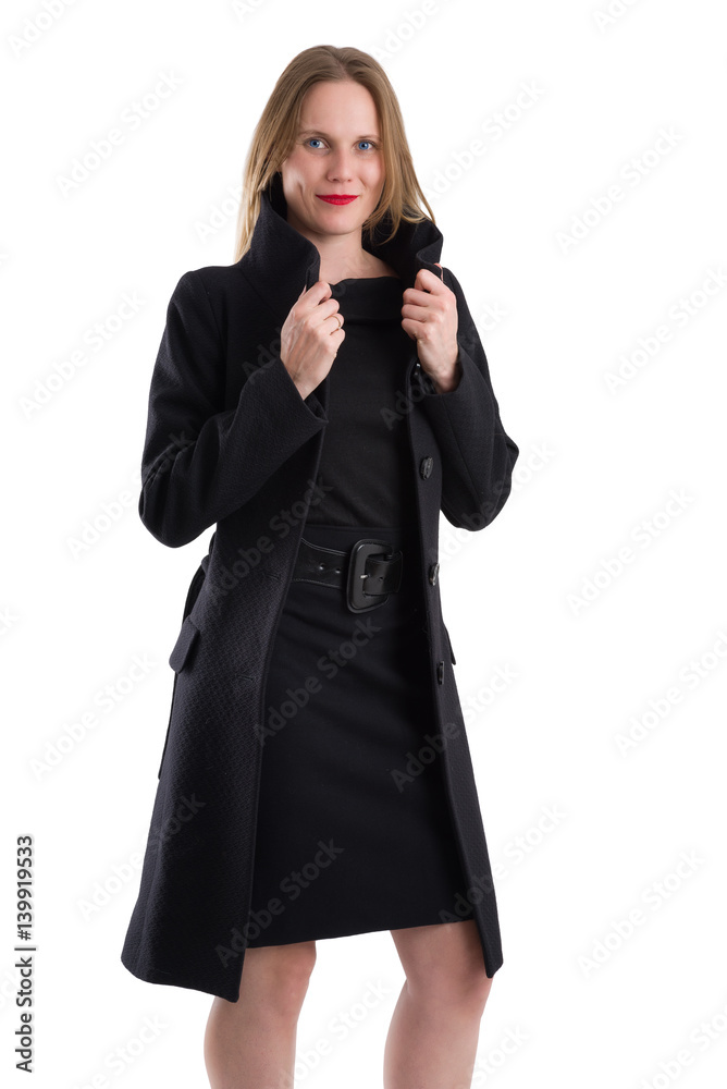 Attractive blonde woman in black winter coat, isolated on white Attractive blonde woman in black winter coat, isolated on white