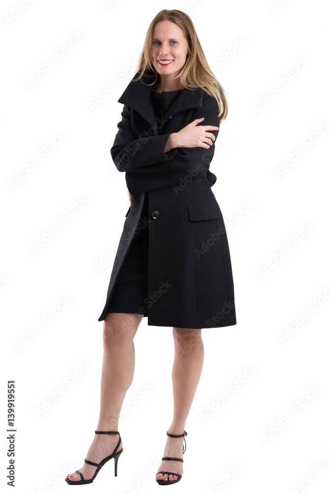 Attractive blonde woman in black winter coat, isolated on white Attractive blonde woman in black winter coat, isolated on white