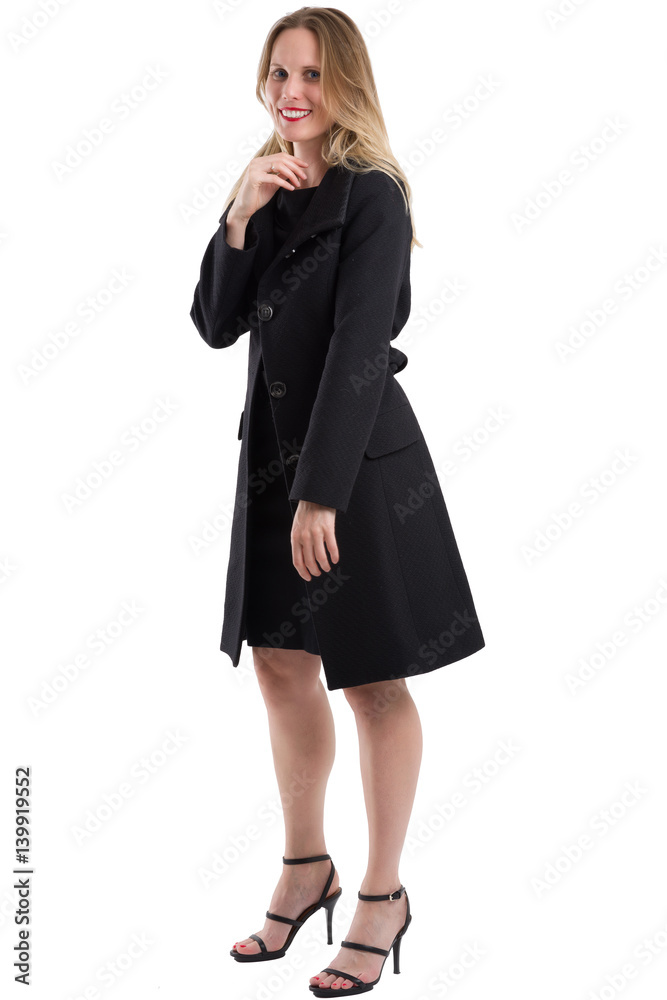 Attractive blonde woman in black winter coat, isolated on white Attractive blonde woman in black winter coat, isolated on white