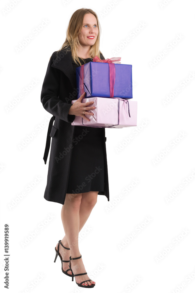 Attractive woman in black coat with gifts, isolated on white Attractive woman in black coat with gifts, isolated on white