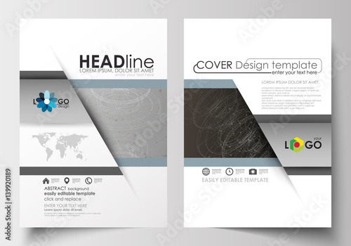 Business templates for brochure, magazine, flyer. Cover design template, flat layout in A4 size. Abstract 3D construction and polygonal molecules on gray background, scientific technology vector.