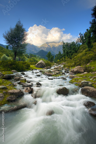 Himalayan Mountains Blurred Flowing Stream Landscape in beautiful Aru Valley, Kashmir