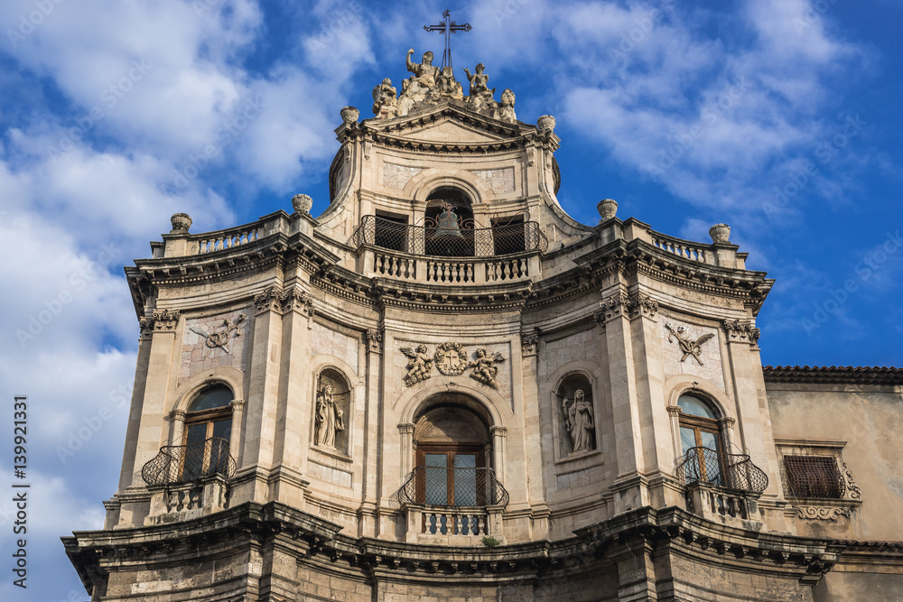 Main facade of Saint Placidus Church in Catania, Sicily, Italy