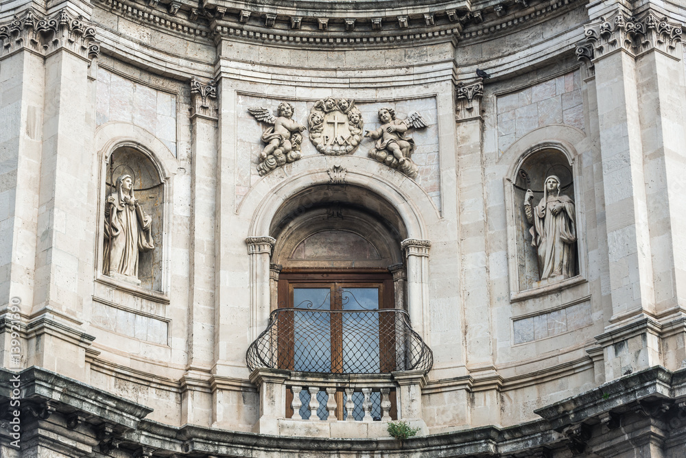 Close up on facade of Saint Placidus Church in Catania, Sicily, Italy
