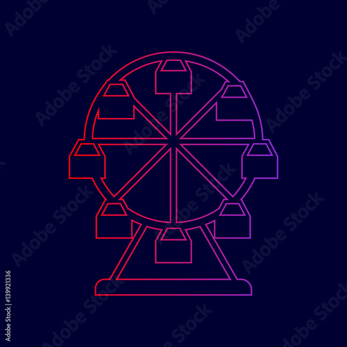 Ferris wheel sign. Vector. Line icon with gradient from red to violet colors on dark blue background.