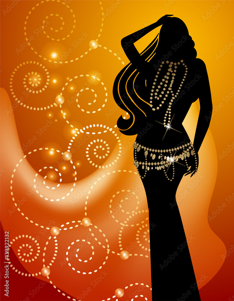 Fototapeta premium Belly dance silhouette on ornate background. Oriental dance, yoga, india, arabic, middle east and turkey