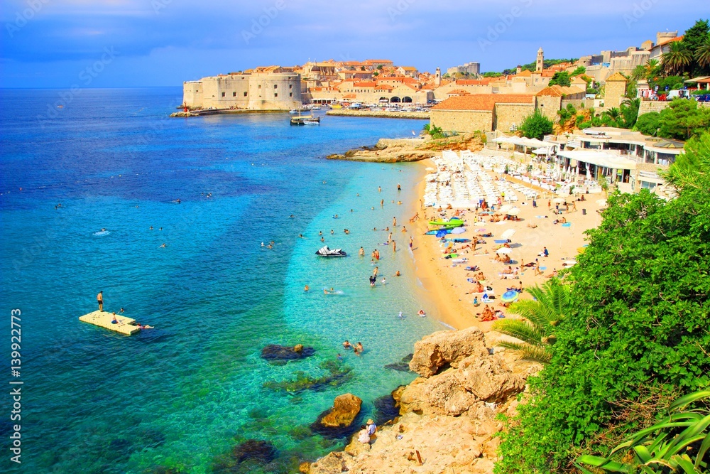 Dubrovnik panorama with sandy beach Banje, Croatia