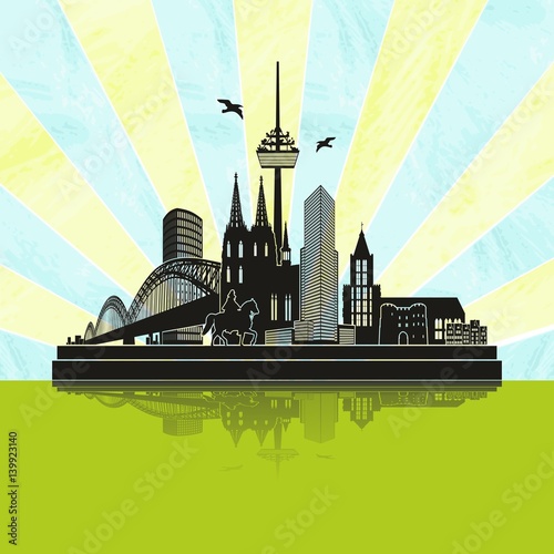 Köln im Frühling - Panorama Skyline Wandtatoo Sehenswürdigkeiten Kölner Dom Hohenzollernbrücke Rathaus Triangle Stadtansicht Städtetour Tourismus 